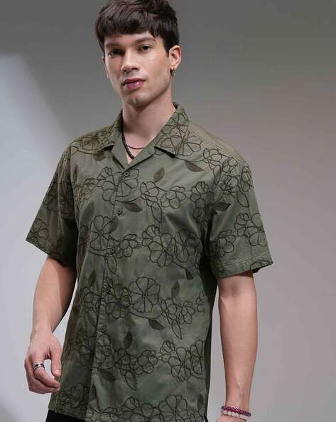 Highlander Men Embroidered Relaxed Fit Cuban-Collar Shirt