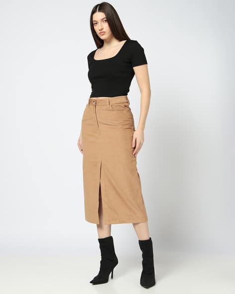 Women Mid-Rise Corduroy Midi Straight Skirt