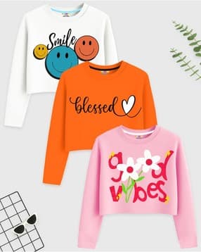 Girls Pack of 3 Printed Round-Neck T-Shirts-image-23