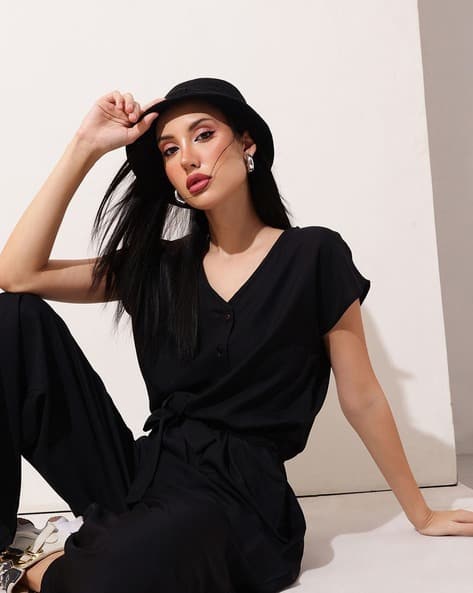 Women V-Neck Jumpsuit with Waist Tie-Up