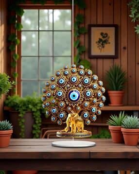  Flat Acrylic Evil Eye Tree with Elephant Showpiece
