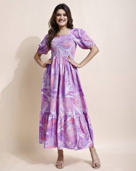 ptvize Women Floral Print Tiered Dress with Smocked Detail