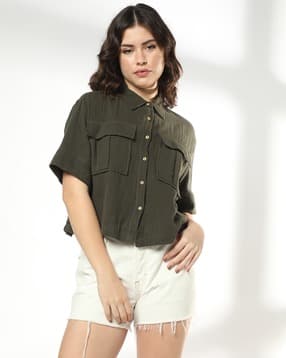 Women Crinkled Relaxed Fit Shirt with Flap Pockets