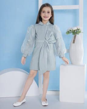 Girls Embellished Fit & Flare Dress with Bow Detail-image-49