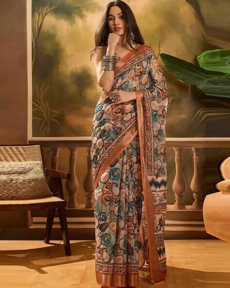 Indie Picks  Regular Linen Saree Digital Prints & Silver Zari Saree
