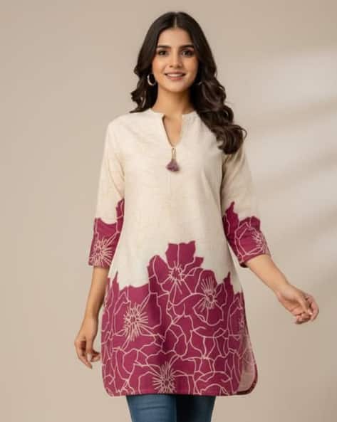 Acai Women Floral Print V-Neck Straight Tunic