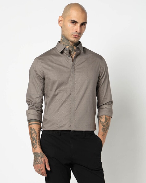 Slim Fit Armani Shirt Heren ARMANI EXCHANGE Men Micro Print Slim Fit Shirt For Men (Brown, L)