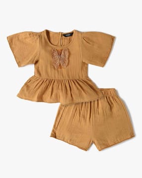 Girls Cotton Peplum Top & Shorts Set