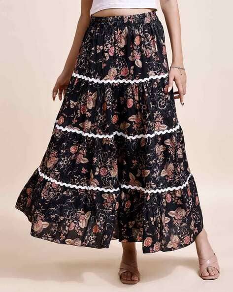 XQsee Women Floral Print Tiered Skirt