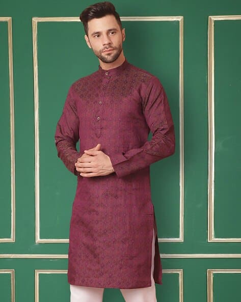 Men Embroidered Regular Fit Long Kurta with Band Collar