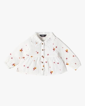 Girls Floral Print Relaxed Fit Peplum Top with Crochet Collar