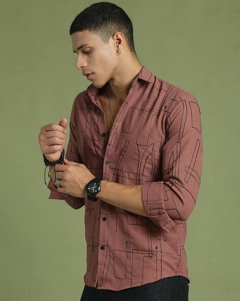 INDIAN NEEDLE Men Regular Fit Embroidered Spread Collar Casual Shirt