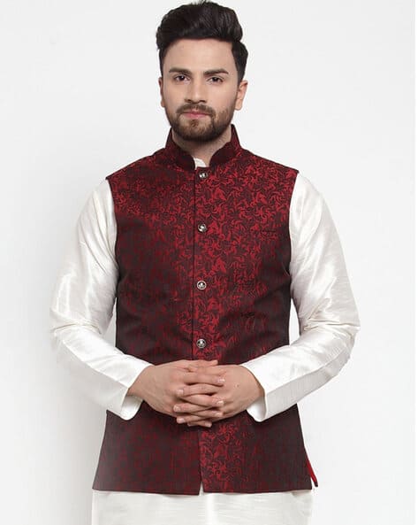 Woven Waistcoat with Mandarin Collar