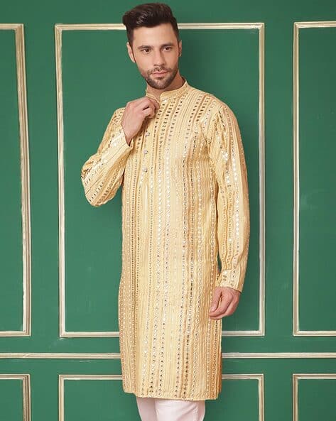JOMPERS Men Embellished Regular Fit Long Kurta with Mandarin Collar