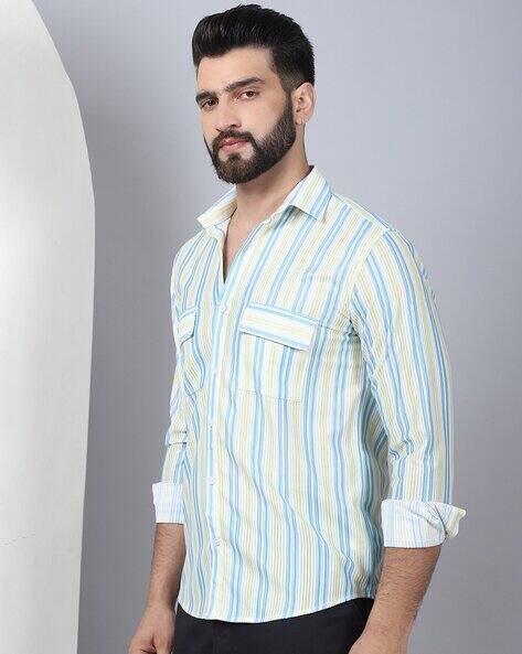 INDIAN NEEDLE Men Striped Regular Fit Shirt with Flap Pockets