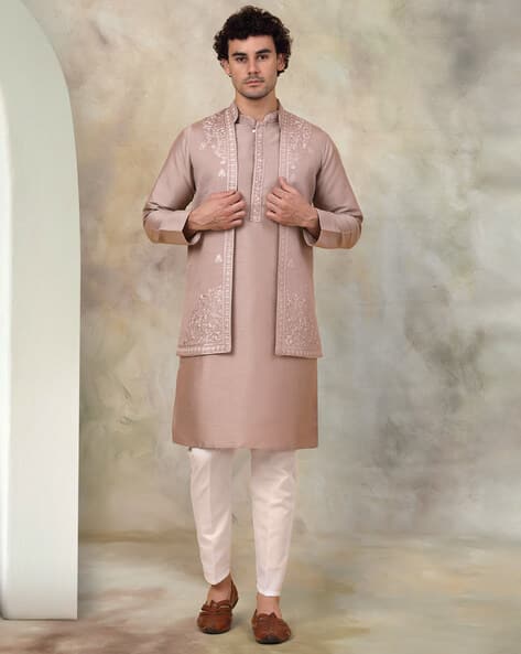 JOMPERS Men Regular Fit Kurta Pyjamas with Embroidered Nehru Jacket