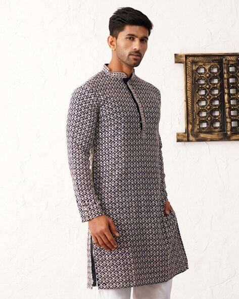 JOMPERS Men Embroidered Regular Fit Long Kurta with Mandarin Collar