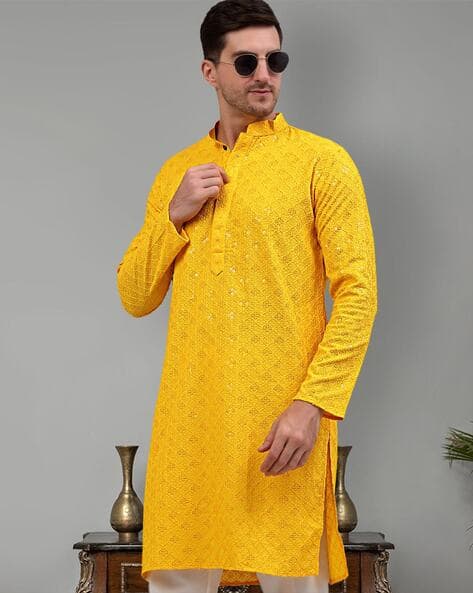 JOMPERS Embroidered Long Kurta with Mandarin Collar