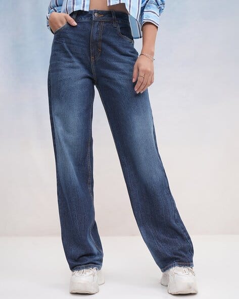 Tokyo Talkies Women Mid-Washed Straight Fit Jeans with Fly-Button Closure