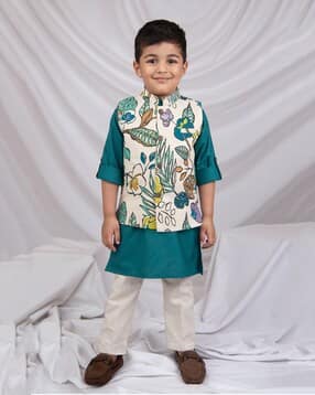 little collars Boys Floral Print Cotton Kurta Pyjama Set -picture-35