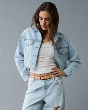 american eagle Women Cropped Denim Jacket with Flap Pockets-picture-42