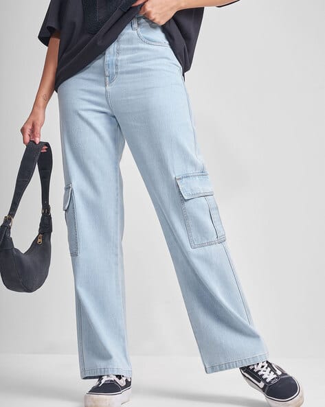 Tokyo Talkies Women Flared Cargo Jeans with Fly-Button Closure