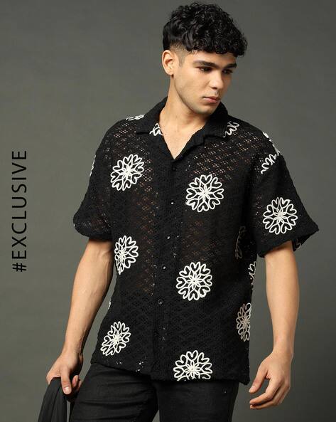 Alpha Tribe Men Eyelet Knitted Relaxed Fit Half-Sleeve Shirt