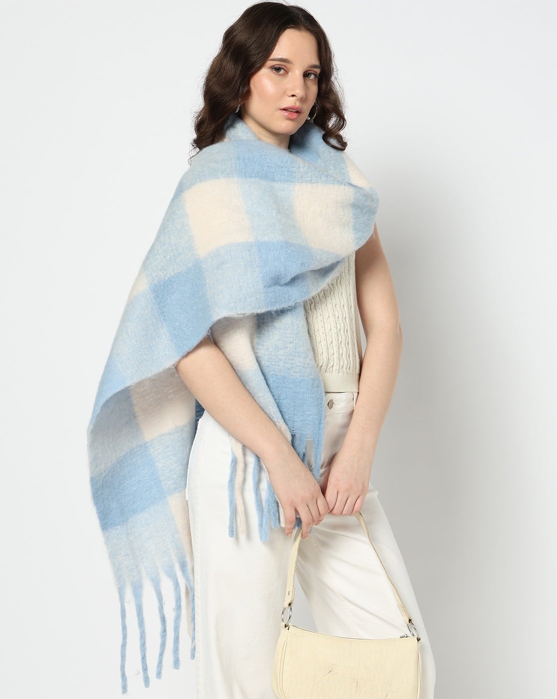 YOUSTA Women Checked Stole with Tassels (Blue)