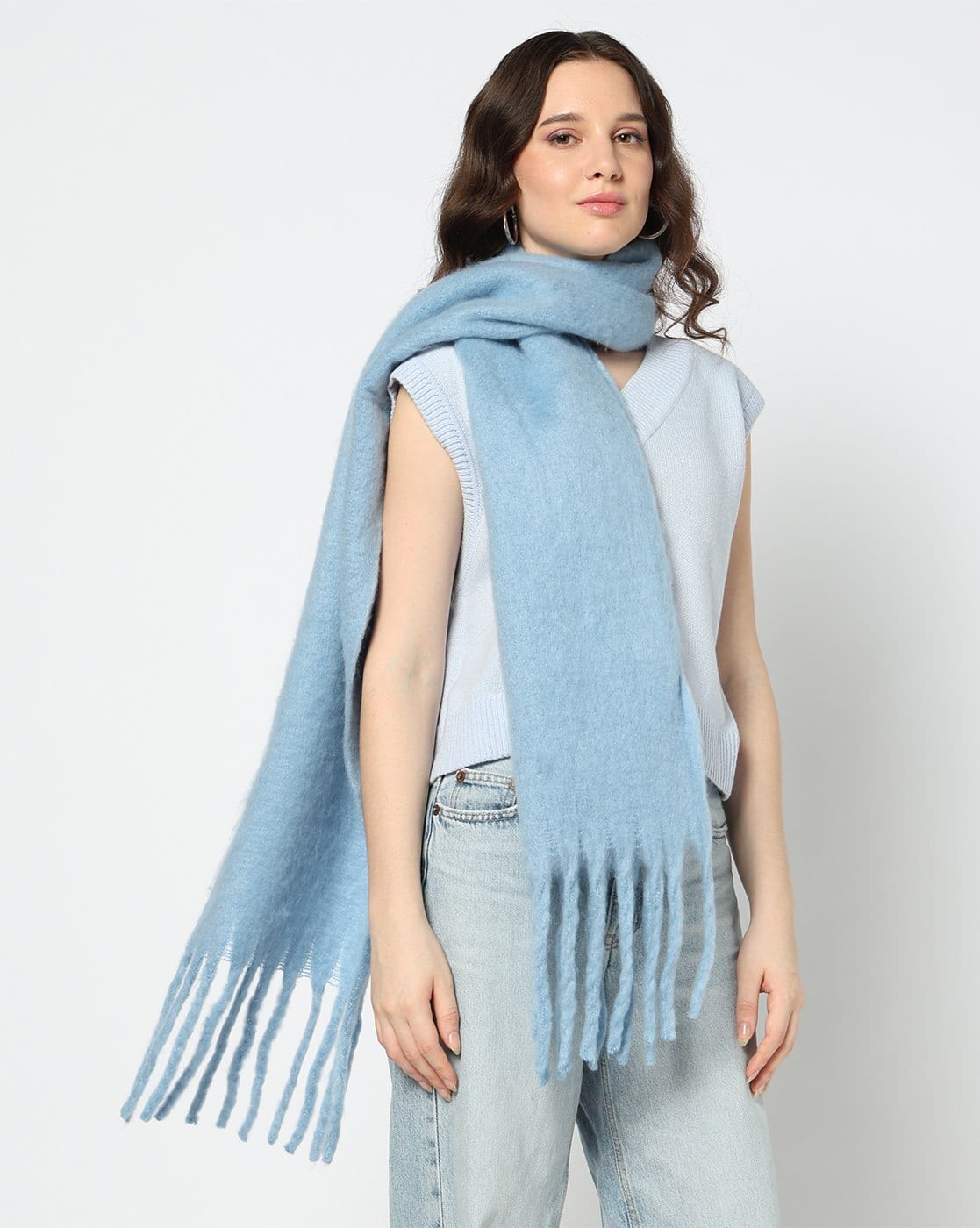 YOUSTA Women Patterned Stole with Fringes (Blue)