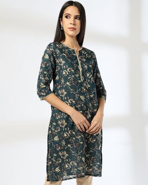 AVAASA MIX N' MATCH Women Jaal Print Straight Kurta with Bracelet Sleeves