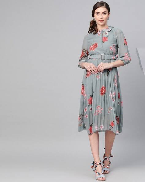 Sassafras Women Floral Fit & Flared Mandarin Collar Neck Dress
