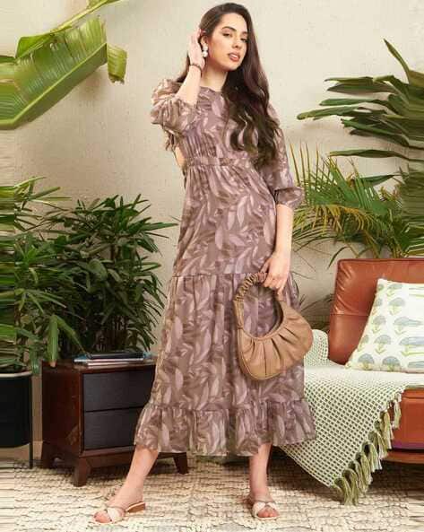 Sassafras Women Leaf Print Tiered Dress