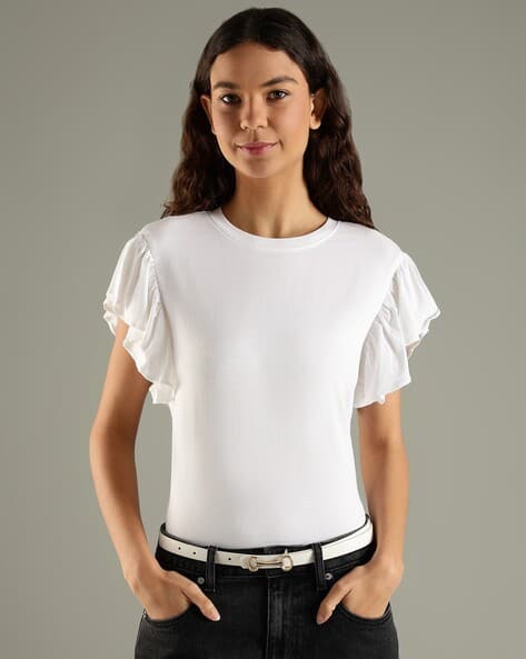 TOMMY HILFIGER Women CNK Ruffle Regular Fit Crew-Neck T-Shirt