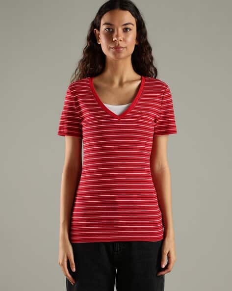TOMMY HILFIGER Women Fave Striped Regular Fit V-Neck T-Shirt
