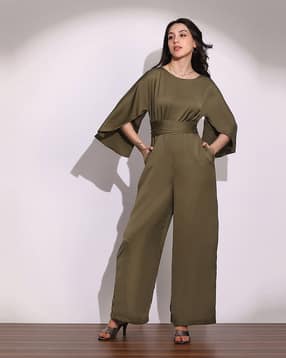 globus Women Boat Neck Cape Sleeves Criss Cross  Sheen Party Jumpsuit-picture-42