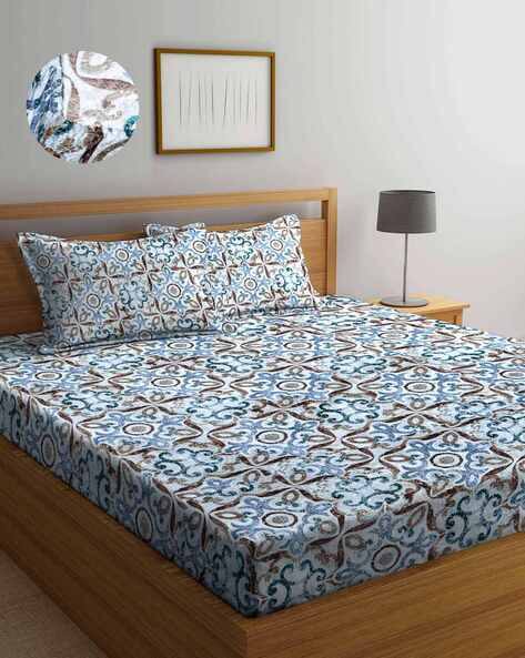 Arrabi Floral Printed Cotton Blend Double Size Fitted Bedsheet with 2 Pillow Covers