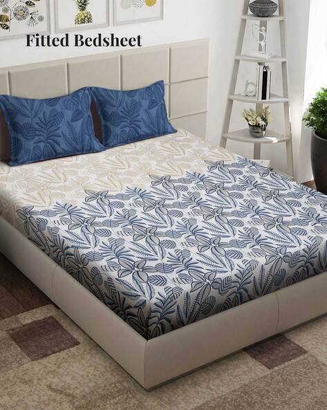Arrabi 210 GSM Leaf Print Super-King Size Fitted Bedsheet with Pillow Covers