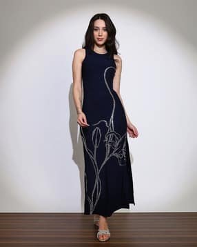 Women Embellished Detail Side Slits Bodycon Maxi Party Dress-image-22