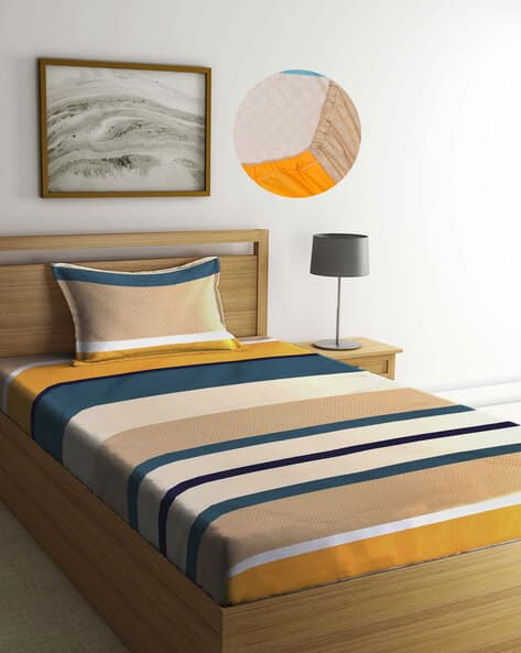 Arrabi Striped Single Size Fitted Bedsheet with Pillow Cover
