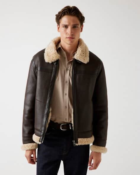 Men Regular Fit Collared Shearling Jacket
