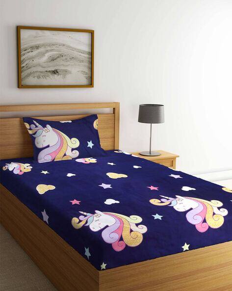 Arrabi Unicorn Print Single Size Bedsheet with Pillow Cover