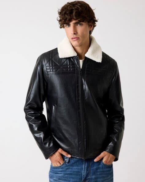 Men Regular Fit Collared Shearling Jacket