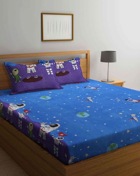 Arrabi Geometric Printed Cotton Blend Double Size Fitted Bedsheet with 2 Pillow Covers