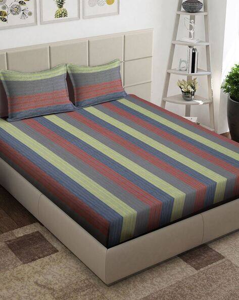 Arrabi 210 TC Striped King Size Bedsheet with Pillow Covers