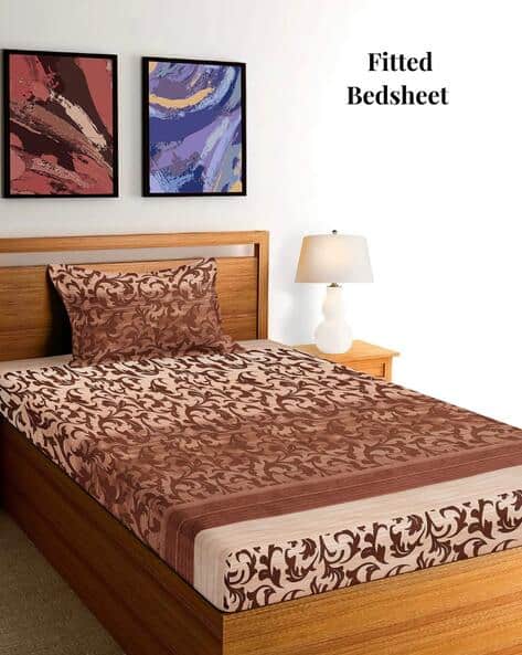 Arrabi 200 GSM Leaf Print Single Fitted Bedsheet with Pillow Cover