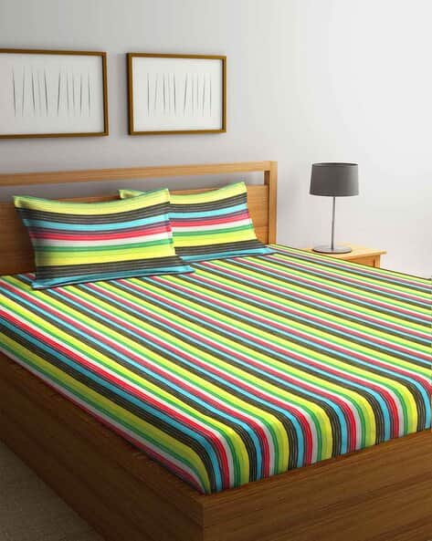Arrabi Striped Double King Bedsheet with 2 Pillow Covers