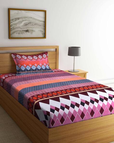 Arrabi Geometric Print Single Size Bedsheet with Pillow Cover