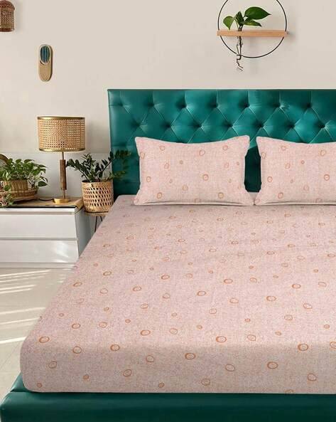 KLOTTHE  Cotton Blend Fitted Double Bedsheet with 2 Pillow Covers