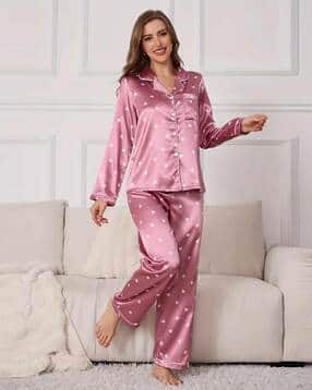 Women Heart Print Shirt & Pyjamas Set