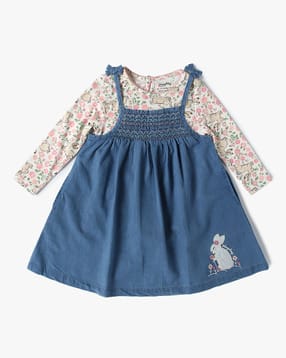 Embroidered Dungaree Dress with Printed Top